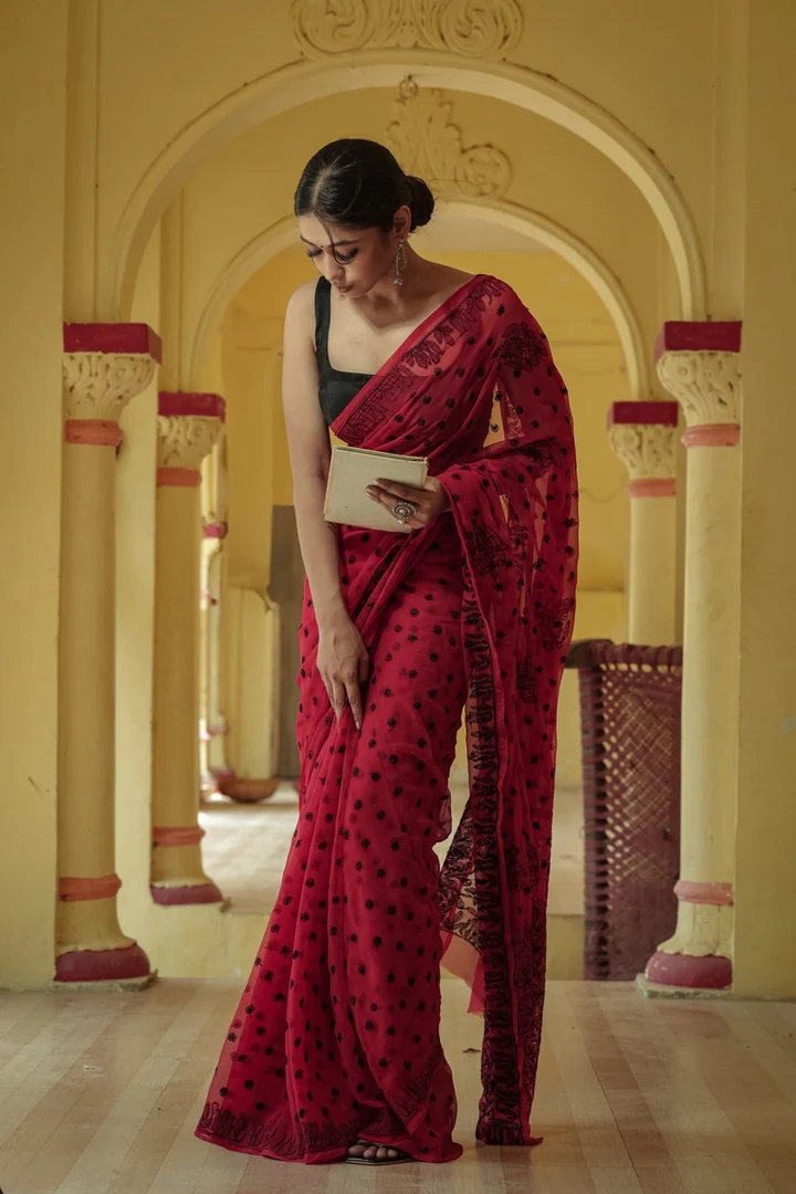 Maroon Embroidered Silk Saree