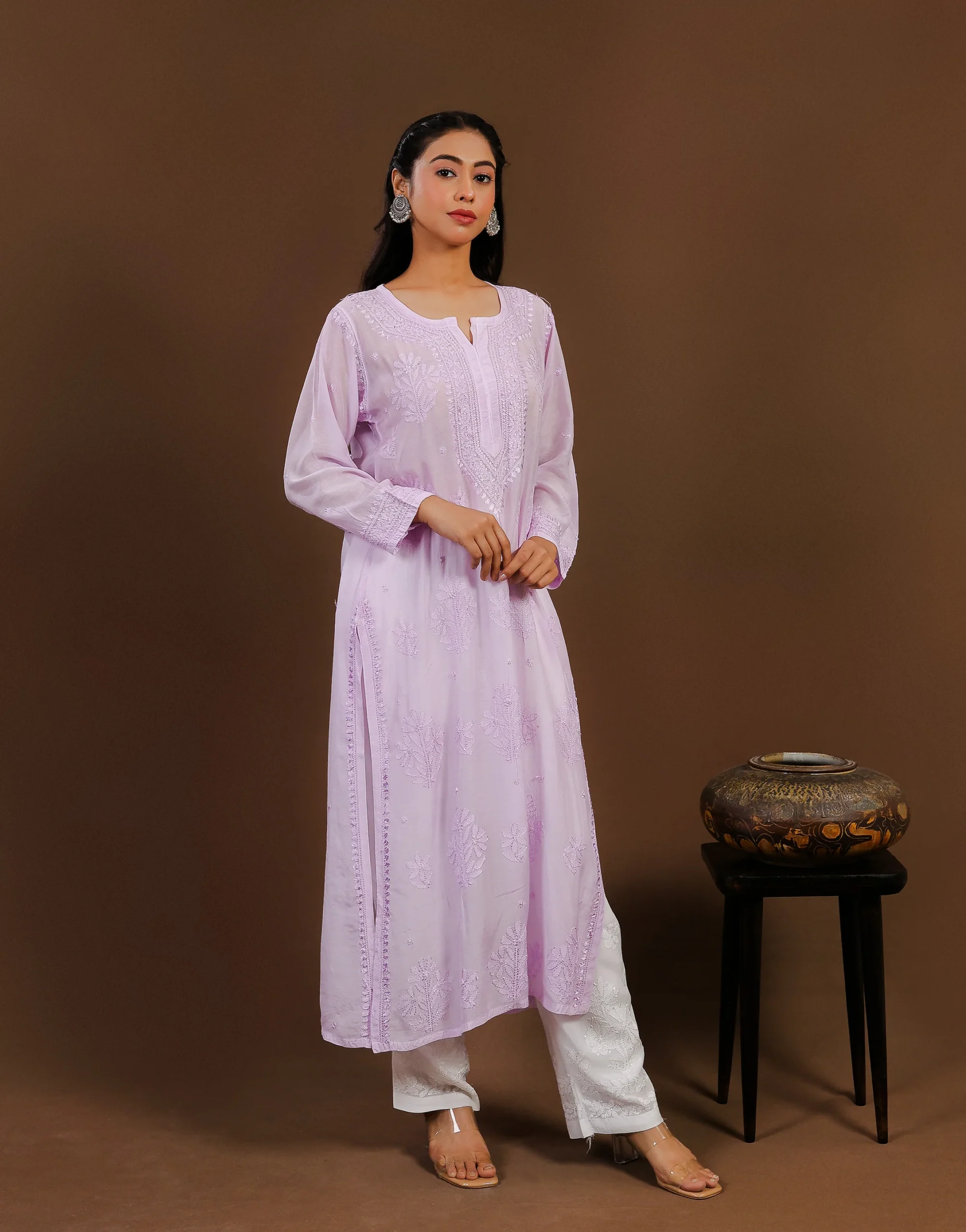 Maroon Embroidered Cotton Long Kurti