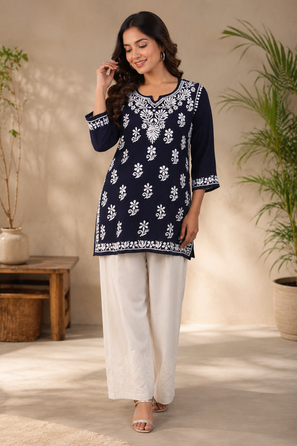 Maroon Embroidered Cotton Short Kurti